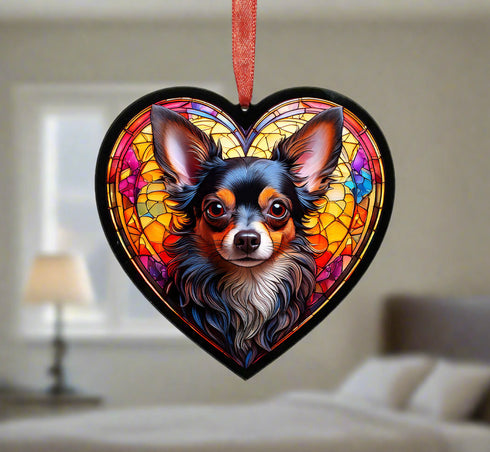 Chihuahua Black Stained Glass Effect Heart Suncatcher